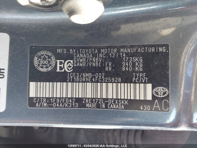 12559711 :رقم المزاد ، 2T1BURHE4FC325928 vin ، 2015 Toyota Corolla مزاد بيع