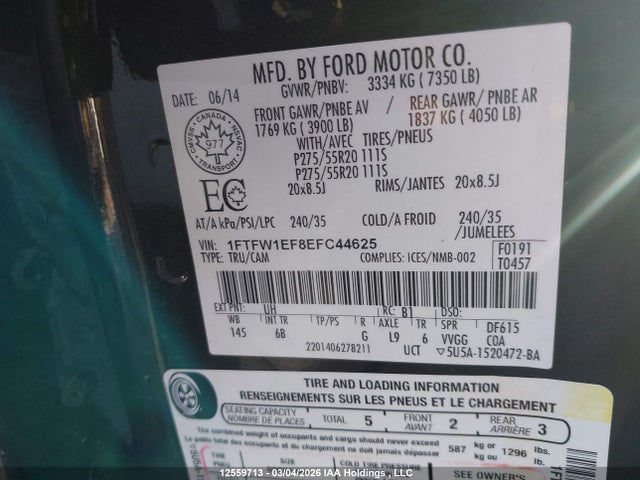 2014 Ford F150 Supercrew მანქანა იყიდება აუქციონზე, vin: 1FTFW1EF8EFC44625, აუქციონის ნომერი: 12559713