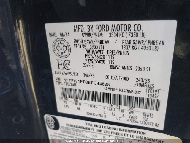 2014 Ford F150 Supercrew მანქანა იყიდება აუქციონზე, vin: 1FTFW1EF8EFC44625, აუქციონის ნომერი: 12559713