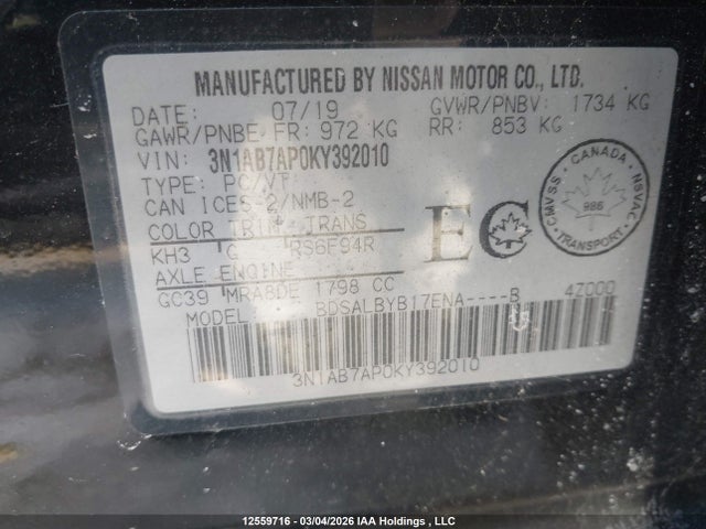 12559716 :رقم المزاد ، 3N1AB7AP0KY392010 vin ، 2019 Nissan Sentra S/sv/sr/sl مزاد بيع