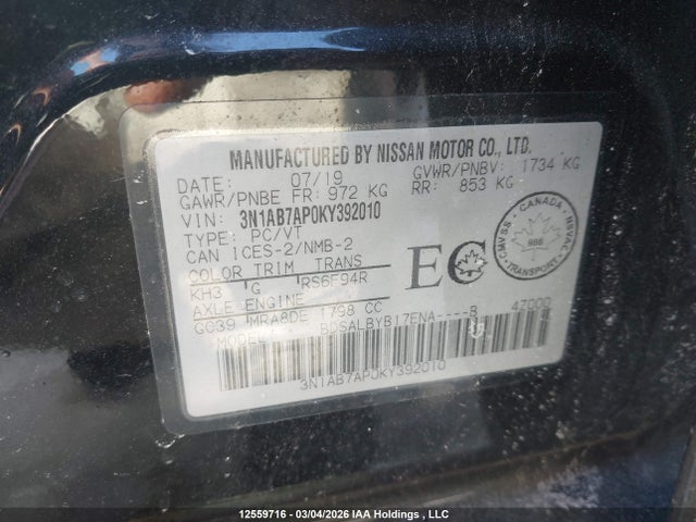 12559716 :رقم المزاد ، 3N1AB7AP0KY392010 vin ، 2019 Nissan Sentra S/sv/sr/sl مزاد بيع