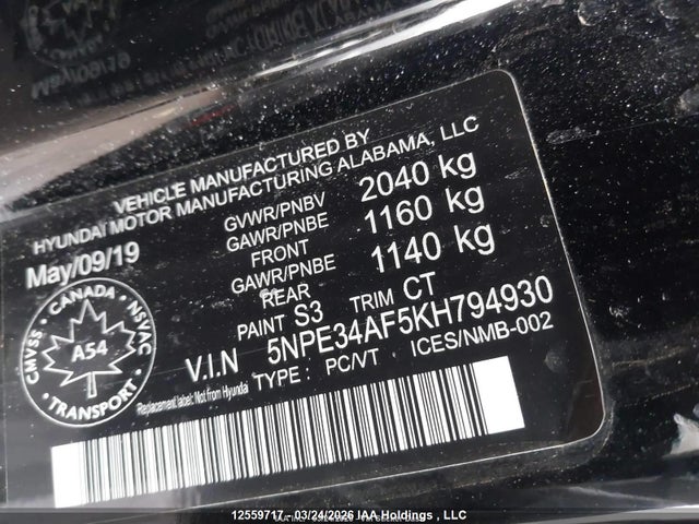 Продаж на аукціоні авто 2019 Hyundai Sonata Essential, vin: 5NPE34AF5KH794930, номер лоту: 12559717