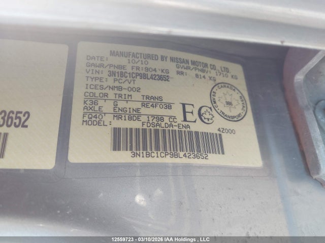 Aukcja sprzedaży 2011 Nissan Versa, vin: 3N1BC1CP9BL423652, numer aukcji: 12559723