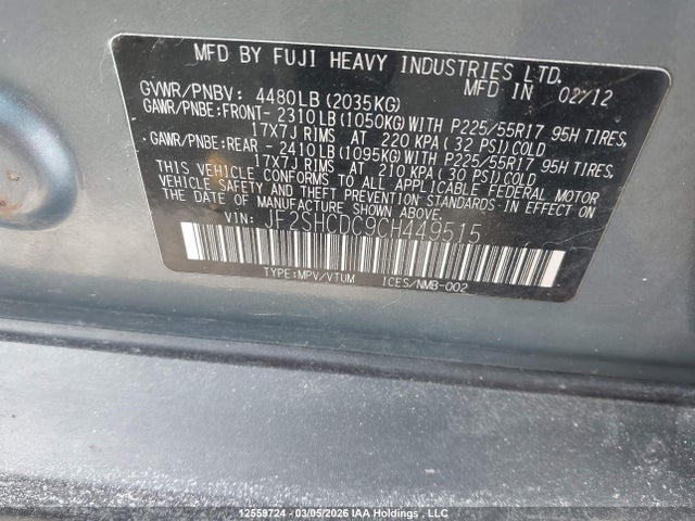 Aukcja sprzedaży 2012 Subaru Forester 2.5x Limited Package, vin: JF2SHCDC9CH449515, numer aukcji: 12559724