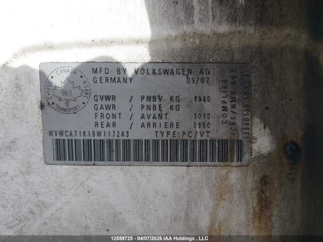 12559725 :رقم المزاد ، WVWCA71K18W117243 vin ، 2008 Volkswagen Rabbit مزاد بيع
