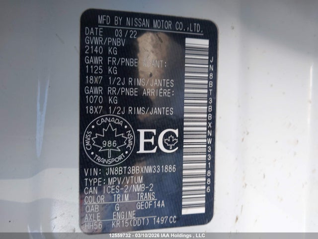 Продажа на аукционе авто 2022 Nissan Rogue Sv, vin: JN8BT3BBXNW331886, номер лота: 12559732