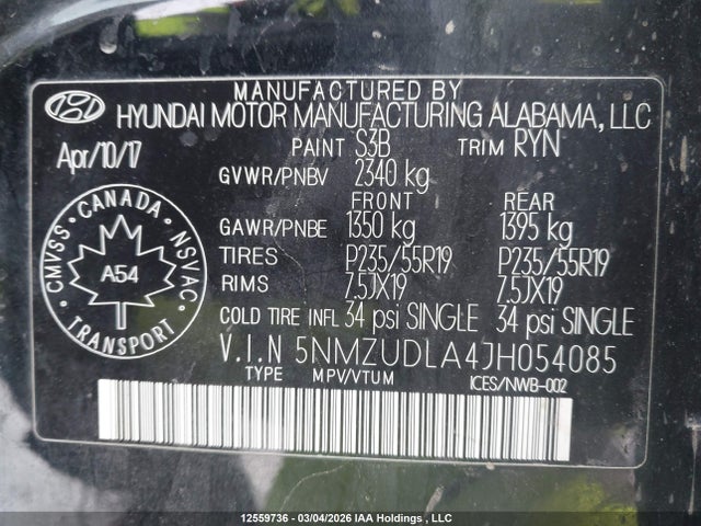 5NMZUDLA4JH054085 Hyundai SANTA FE SPORT