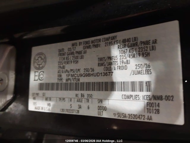 Aukcja sprzedaży 2017 Ford Escape Se, vin: 1FMCU9G98HUD13677, numer aukcji: 12559746