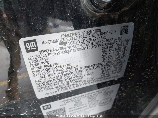 12559750 :رقم المزاد ، 1GCPYCEK2NZ234551 vin ، 2022 Chevrolet Silverado 1500 مزاد بيع