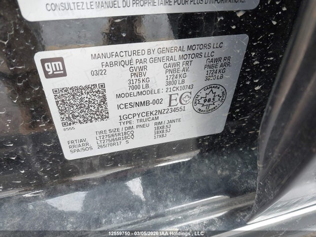 12559750 :رقم المزاد ، 1GCPYCEK2NZ234551 vin ، 2022 Chevrolet Silverado 1500 مزاد بيع