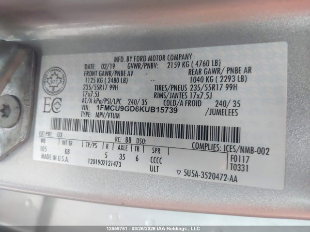 12559751 :رقم المزاد ، 1FMCU9GD6KUB15739 vin ، 2019 Ford Escape Se مزاد بيع