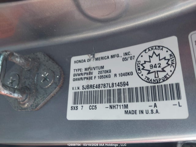 Продаж на аукціоні авто 2007 Honda Cr-v Ex-l, vin: 5J6RE48787L814594, номер лоту: 12559754