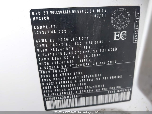 Aukcja sprzedaży 2021 Volkswagen Tiguan Sel Premium R-line, vin: 3VV4B7AX3MM088871, numer aukcji: 12559762