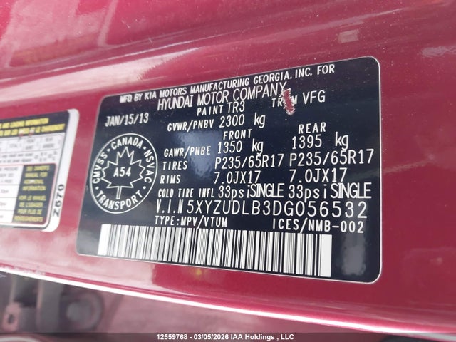12559768 :رقم المزاد ، 5XYZUDLB3DG056532 vin ، 2013 Hyundai Santa Fe مزاد بيع