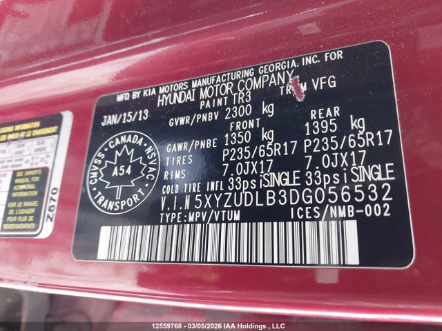 12559768 :رقم المزاد ، 5XYZUDLB3DG056532 vin ، 2013 Hyundai Santa Fe مزاد بيع