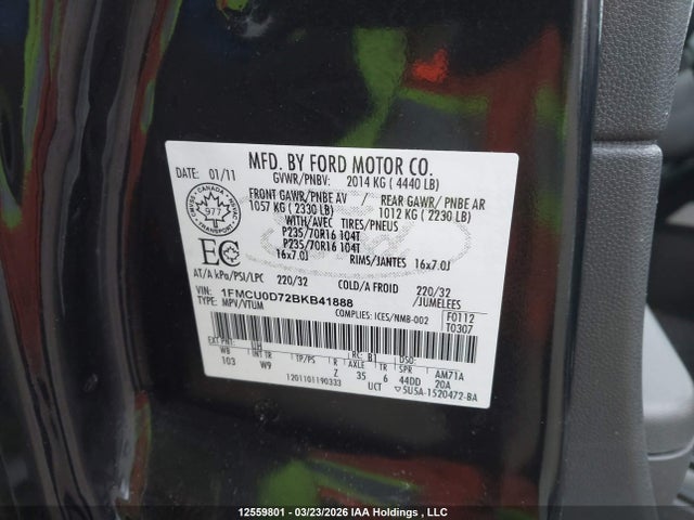 12559801 :رقم المزاد ، 1FMCU0D72BKB41888 vin ، 2011 Ford Escape Xlt Automatic مزاد بيع