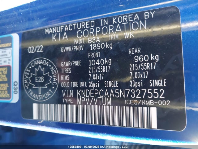 12559809 :رقم المزاد ، KNDEPCAA5N7327552 vin ، 2022 Kia Seltos Lx مزاد بيع