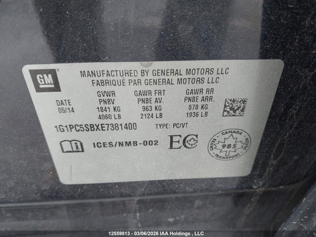 2014 Chevrolet Cruze მანქანა იყიდება აუქციონზე, vin: 1G1PC5SBXE7381400, აუქციონის ნომერი: 12559813