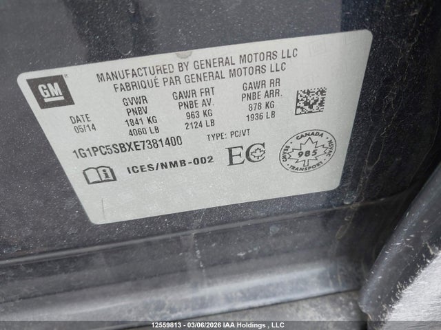 2014 Chevrolet Cruze მანქანა იყიდება აუქციონზე, vin: 1G1PC5SBXE7381400, აუქციონის ნომერი: 12559813