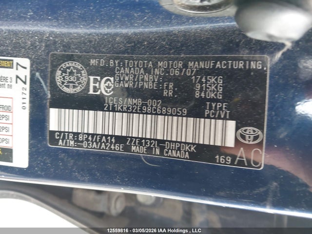 Aukcja sprzedaży 2008 Toyota Corolla Matrix Xr, vin: 2T1KR32E98C689059, numer aukcji: 12559816