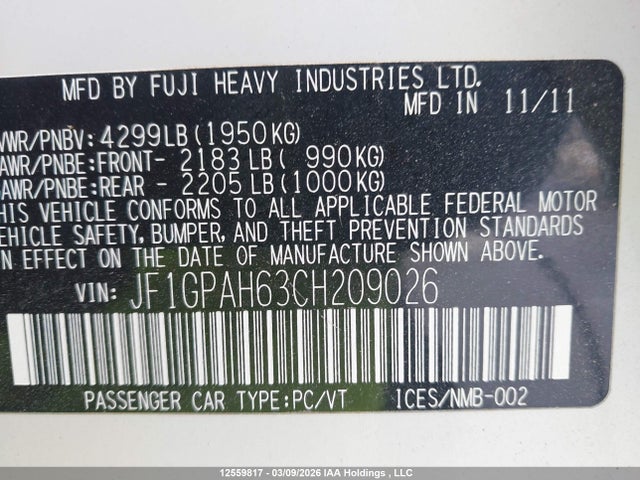 2012 Subaru Impreza Limited მანქანა იყიდება აუქციონზე, vin: JF1GPAH63CH209026, აუქციონის ნომერი: 12559817