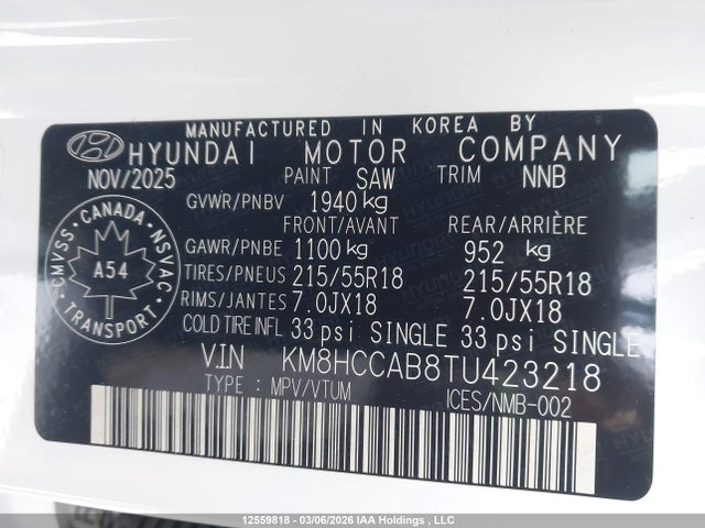 Продажа на аукционе авто 2026 Hyundai Kona Preferred-trend, vin: KM8HCCAB8TU423218, номер лота: 12559818