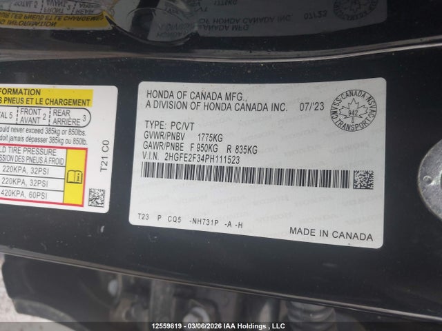 Продаж на аукціоні авто 2023 Honda Civic Ex 4dr, vin: 2HGFE2F34PH111523, номер лоту: 12559819