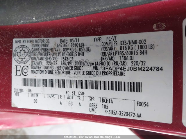 12559824 :رقم المزاد ، 3FADP4EJ0BM224784 vin ، 2011 Ford Fiesta Se مزاد بيع