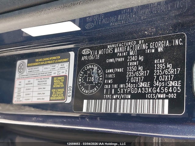 5XYPGDA33KG456405 KIA Sorento 2.4l Lx