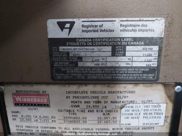 Aukcja sprzedaży 1997 Freightliner Chassis X Line Motor Home, vin: 4UZ6XJBC3VC795145, numer aukcji: 12559854
