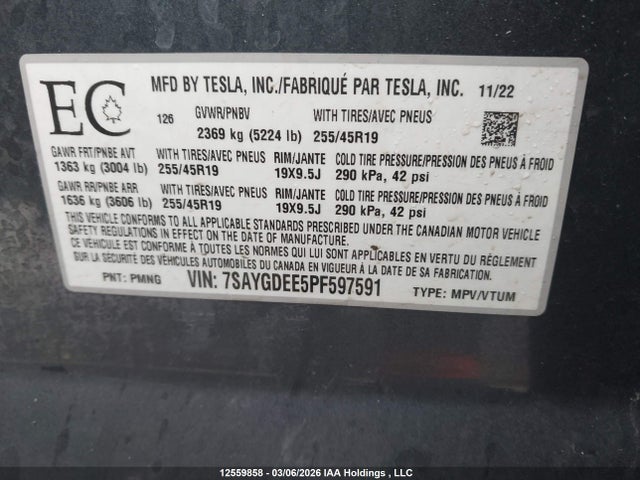 Aukcja sprzedaży 2023 Tesla Model Y, vin: 7SAYGDEE5PF597591, numer aukcji: 12559858