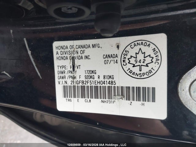 2014 Honda Civic Lx მანქანა იყიდება აუქციონზე, vin: 2HGFB2F51EH041485, აუქციონის ნომერი: 12559859