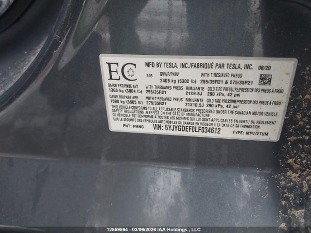 5YJYGDEF0LF034612 Tesla Model Y Long Range/performance
