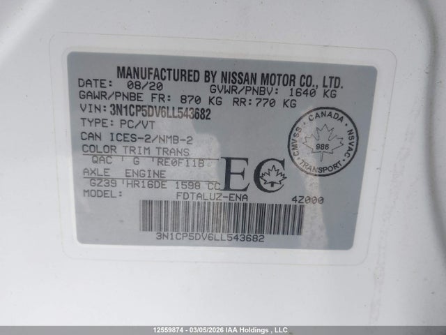 12559874 :رقم المزاد ، 3N1CP5DV6LL543682 vin ، 2020 Nissan Kicks Sr مزاد بيع