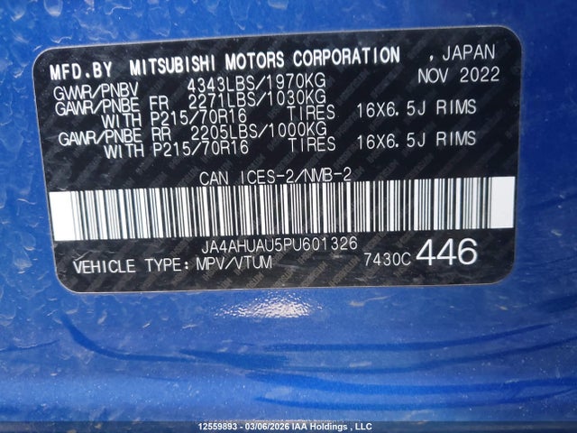12559893 :رقم المزاد ، JA4AHUAU5PU601326 vin ، 2023 Mitsubishi Rvr Es/se مزاد بيع
