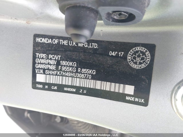 Aukcja sprzedaży 2017 Honda Civic Sport, vin: SHHFK7H49HU308770, numer aukcji: 12559895