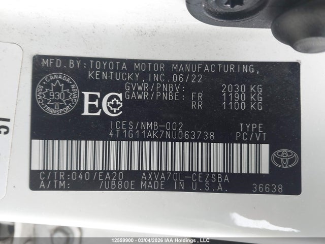 2022 Toyota Camry Se მანქანა იყიდება აუქციონზე, vin: 4T1G11AK7NU063738, აუქციონის ნომერი: 12559900