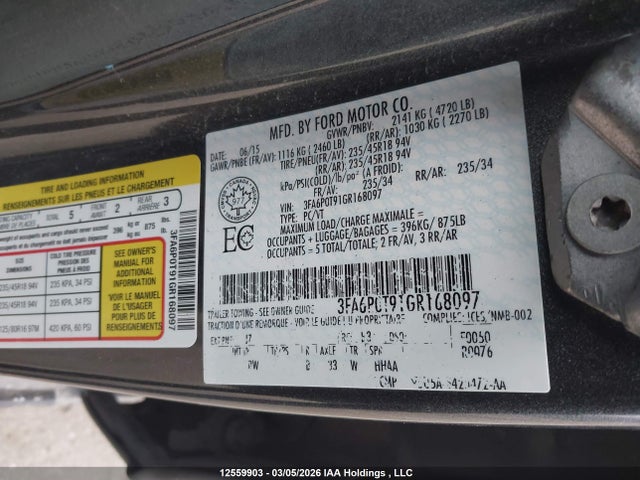 Продаж на аукціоні авто 2016 Ford Fusion Se, vin: 3FA6P0T91GR168097, номер лоту: 12559903