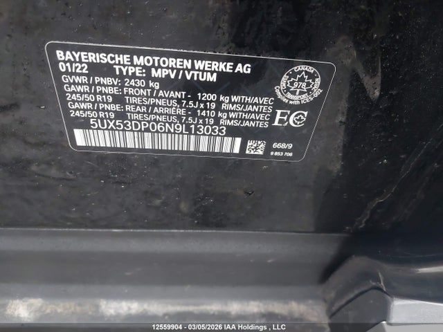 Aukcja sprzedaży 2022 Bmw X3 Xdrive30i, vin: 5UX53DP06N9L13033, numer aukcji: 12559904