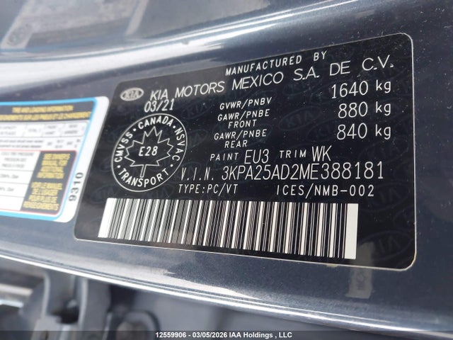 12559906 :رقم المزاد ، 3KPA25AD2ME388181 vin ، 2021 Kia Rio مزاد بيع