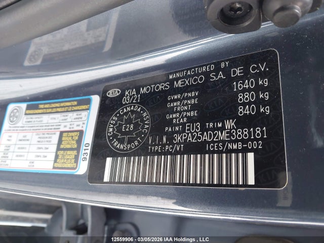 12559906 :رقم المزاد ، 3KPA25AD2ME388181 vin ، 2021 Kia Rio مزاد بيع