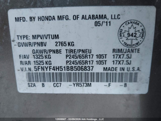 Aukcja sprzedaży 2011 Honda Pilot Exl, vin: 5FNYF4H51BB506837, numer aukcji: 12559907