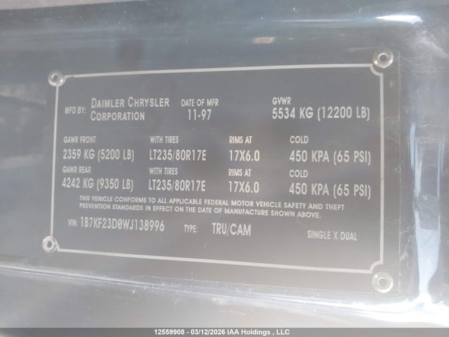 Aukcja sprzedaży 1998 Dodge Ram 2500, vin: 1B7KF23D0WJ138996, numer aukcji: 12559908