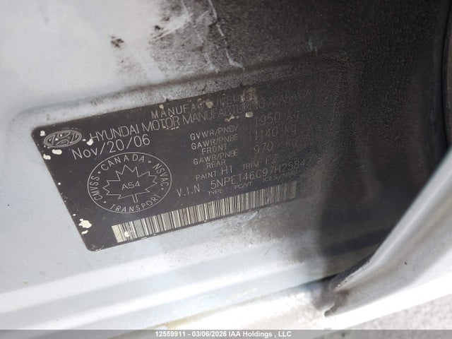 12559911 :رقم المزاد ، 5NPET46C97H258472 vin ، 2007 Hyundai Sonata مزاد بيع
