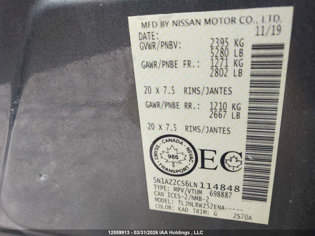 Продажа на аукционе авто 2020 Nissan Murano Sl, vin: 5N1AZ2CS6LN114848, номер лота: 12559913