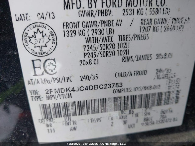 12559920 :رقم المزاد ، 2FMDK4JC4DBC23783 vin ، 2013 Ford Edge Sel مزاد بيع