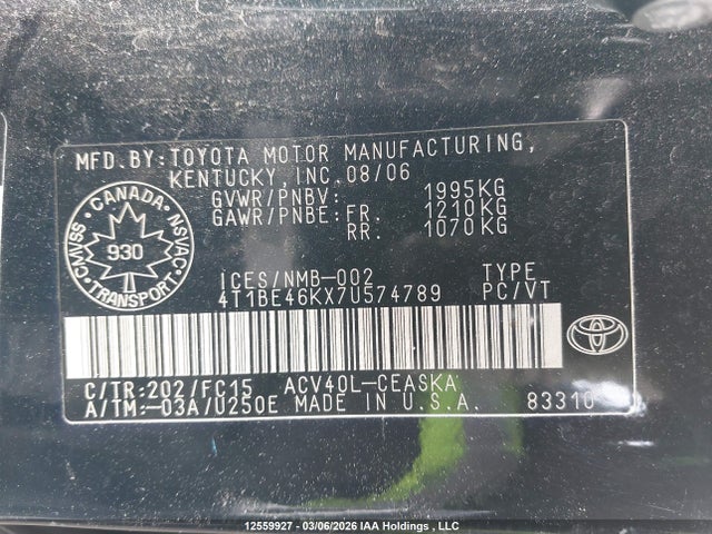 Aukcja sprzedaży 2007 Toyota Camry, vin: 4T1BE46KX7U574789, numer aukcji: 12559927