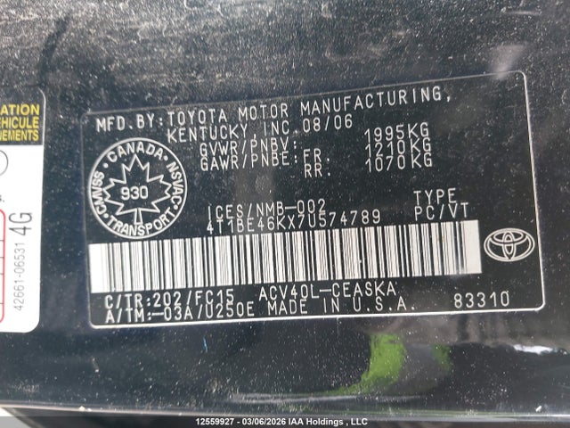 Aukcja sprzedaży 2007 Toyota Camry, vin: 4T1BE46KX7U574789, numer aukcji: 12559927