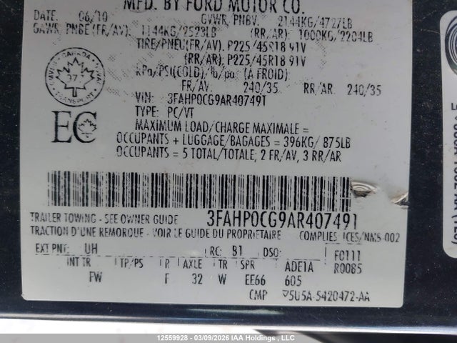 12559928 :رقم المزاد ، 3FAHP0CG9AR407491 vin ، 2010 Ford Fusion Sel مزاد بيع