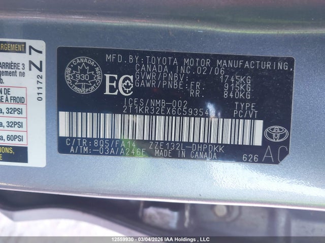 Aukcja sprzedaży 2006 Toyota Corolla Matrix Xr, vin: 2T1KR32EX6C593549, numer aukcji: 12559930